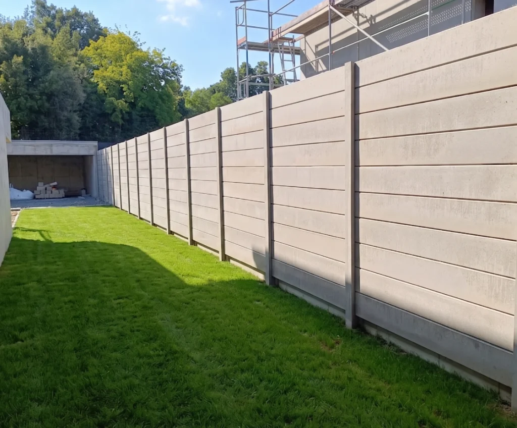 Vedação modular de betão num jardim