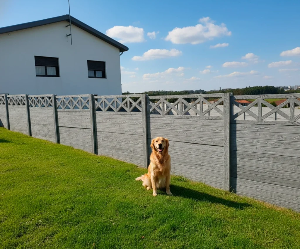 Vedação de betão decorativa num jardim com cão